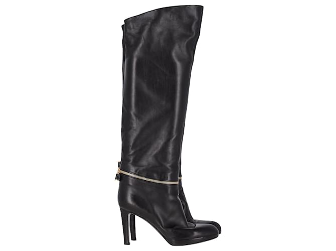 Sergio Rossi Zipper Detail Knee-High Boots in Black Leather  ref.1028071