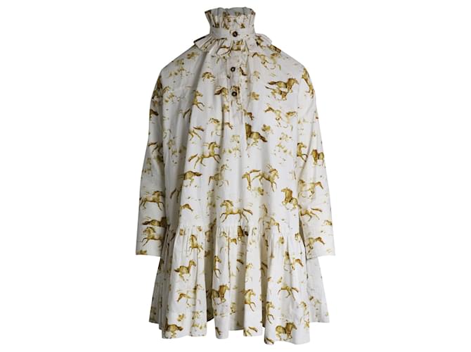 Ganni Kleid mit Rüschenhals-Pferdemuster aus weißer Bio-Baumwolle  ref.1028075