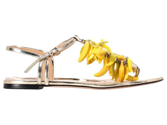 Charlotte Olympia Banana Charm T-Riemen-Sandalen aus goldfarbenem Leder Golden  ref.1028077