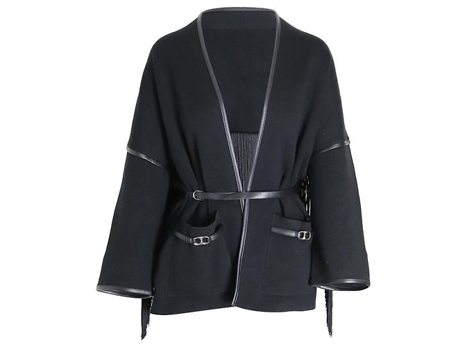 Maje Mathieu Lederbesetzte Fransenjacke aus schwarzem Polyamid