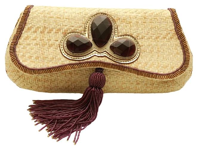 Anya Hindmarch Clutch-Tasche aus geflochtenem Raffiabast mit natürlichen Juwelen und lila Quasten Beige Stroh  ref.1028644