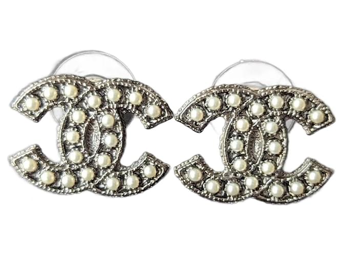 Chanel CC A14S Logo earrings BHW classic pearl earrings studs with box Black Metal  ref.1029085