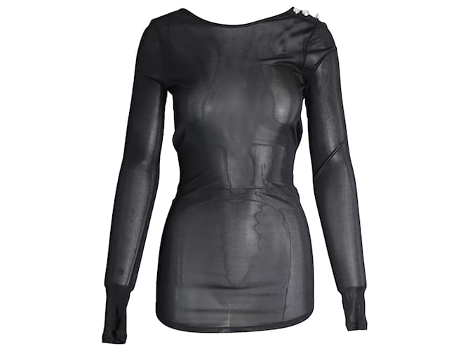 Balmain Top transparente de manga larga con detalle de botones en viscosa negra Negro Fibra de celulosa  ref.1029241