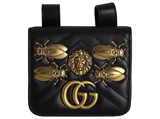 Riñonera Gucci Gg Marmont con Aplicaciones Metálicas en Cuero Negro  ref.1029276