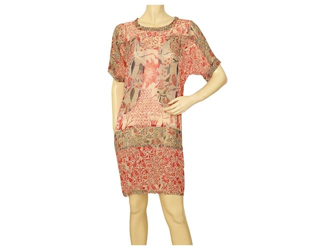 Isabel Marant Red Cream Gray 100% Silk Floral Mini Sheer Dress size 36 Multiple colors  ref.1029406