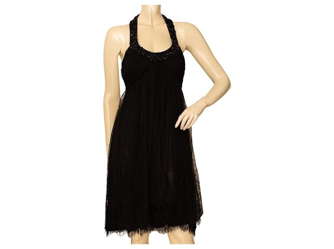 Jasmine Di Milo Black Lace Open Back Beaded Knee Length Evening dress UK 12 Silk  ref.1029419