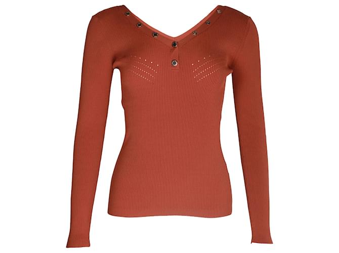Sandro Justy Ribbed Long Sleeve V-Neck Sweater in Red Viscose Cellulose fibre  ref.1031213