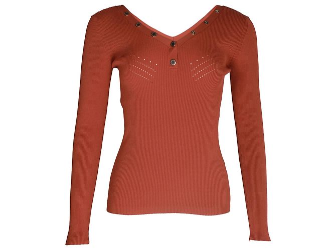 Sandro Justy – Gerippter Langarmpullover mit V-Ausschnitt aus roter Viskose 