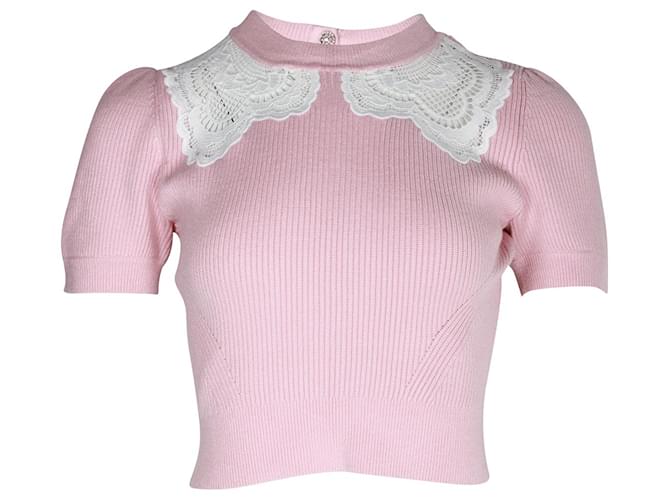 Self portrait Self-Portrait Lace-Insert Knitted Top in Light Pink Cotton  ref.1031219