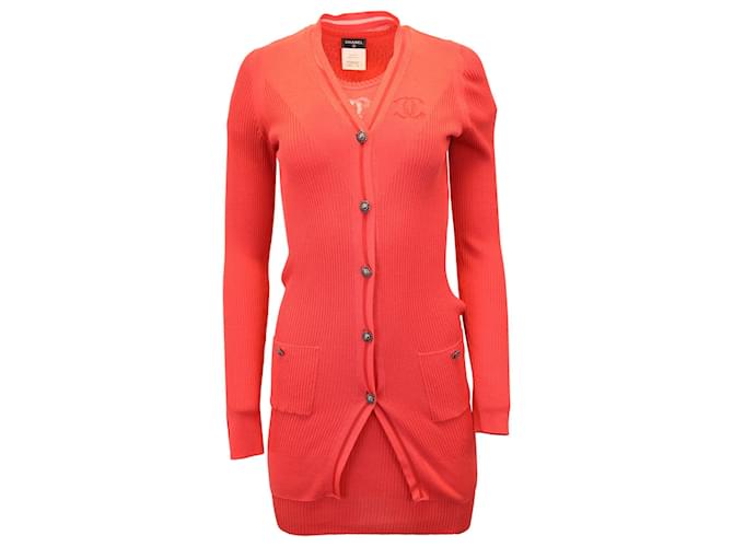 Chanel 2-Piece Knit Dress and Long Cardigan in Red Cotton  ref.1031226