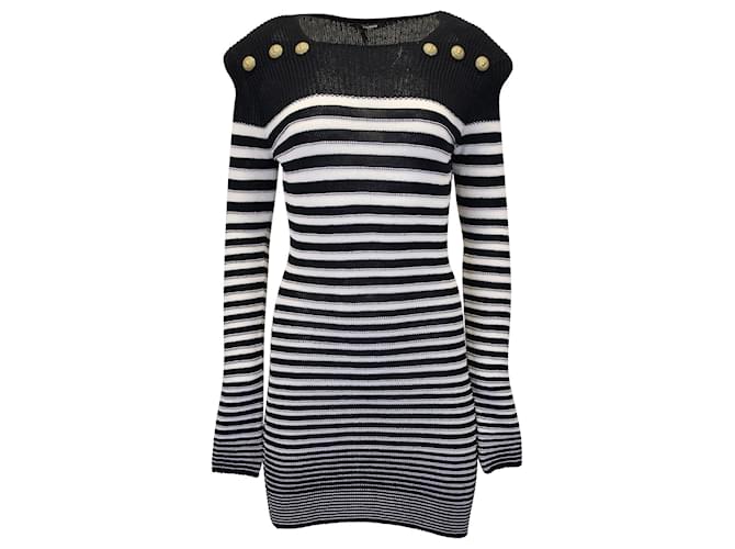 Balmain Sailor Style Knitted Striped Dress in Navy Blue Polyamide  ref.1031248