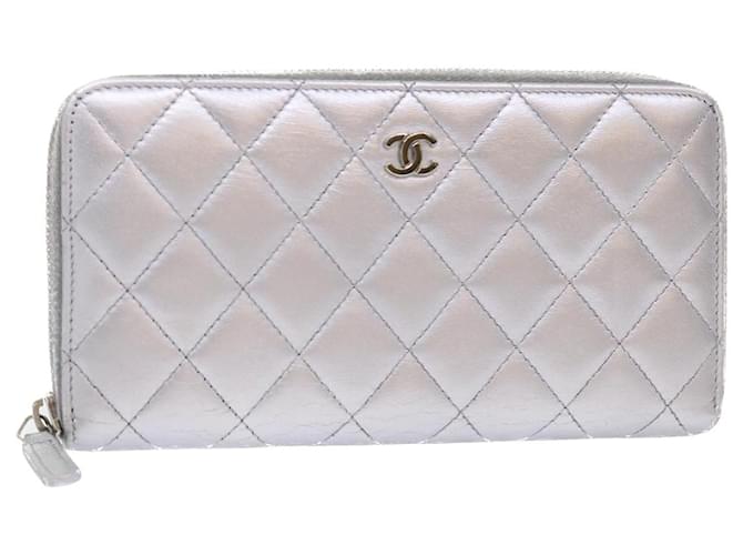 CHANEL Long Wallet Lamb Skin Silver CC Auth 49958a Silvery  ref.1031590