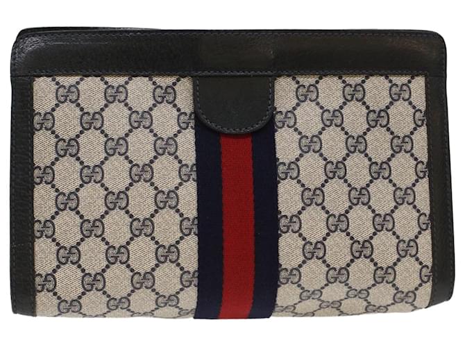 GUCCI GG Canvas Sherry Line Clutch Bag PVC Leather Navy Red Auth ep1288 Navy blue  ref.1031624