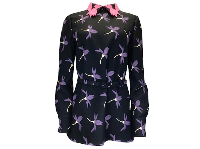 Valentino negro / rosado / Púrpura Multi 2021 Top de crepé de lana con cinturón y estampado floral Multicolor  ref.1031795