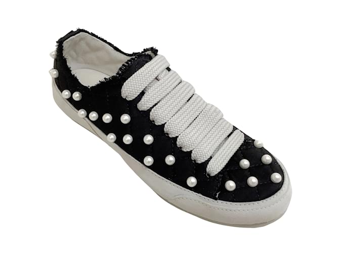 Pedro Garcia Black Satin Punet Sneakers with Pearl Embellishments Cloth  ref.1031799