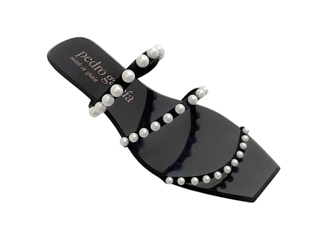 Pedro Garcia Flache Verita-Sandalen aus schwarzem Satin mit Perlenverzierungen Leinwand  ref.1031803