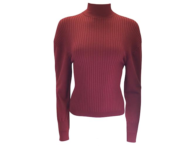Céline Celine Burgundy Long Sleeved Ribbed Knit Wool Sweater Dark red  ref.1031805
