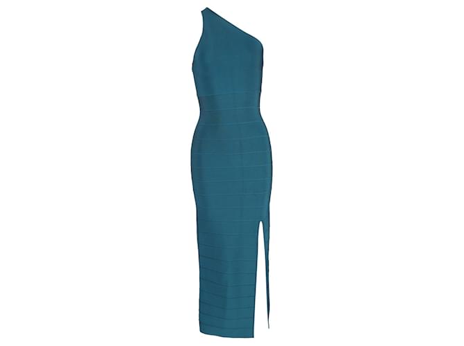 Herve Leger Icon One-Shoulder Bandage Gown in Teal Rayon Green Cellulose fibre  ref.1032002