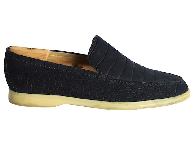 Loro Piana Summer Walk Croc-Embossed Loafers in Black Leather  ref.1032259