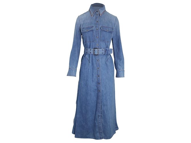 Chloé Vestido camisa midi Chloe com cinto em jeans de algodão azul