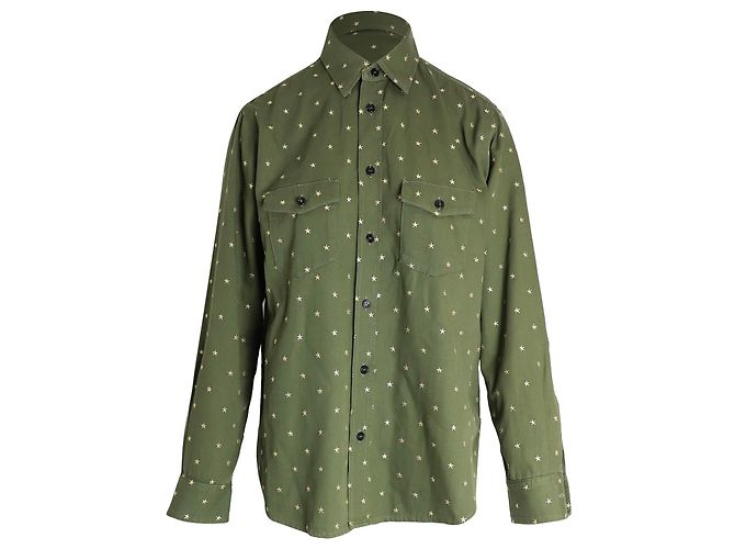 Camisa con botones y estrellas bordadas de algodón verde Saint Laurent