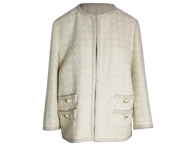 Chaqueta con frente abierto de pata de gallo Gucci en tweed de lana color crema Blanco Crudo  ref.1032328