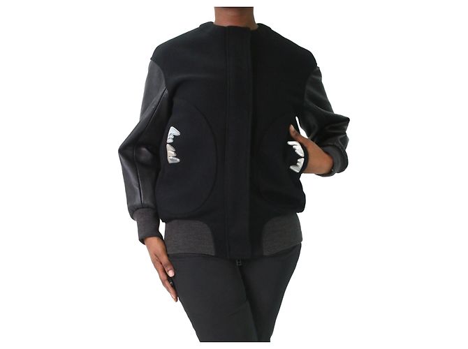 Tsumori Chisato Black wool bomber jacket with leather sleeves - size