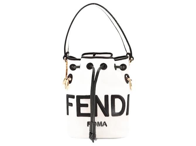 White Fendi Mini Canvas Embroidered Logo Mon Tresor Bucket Bag