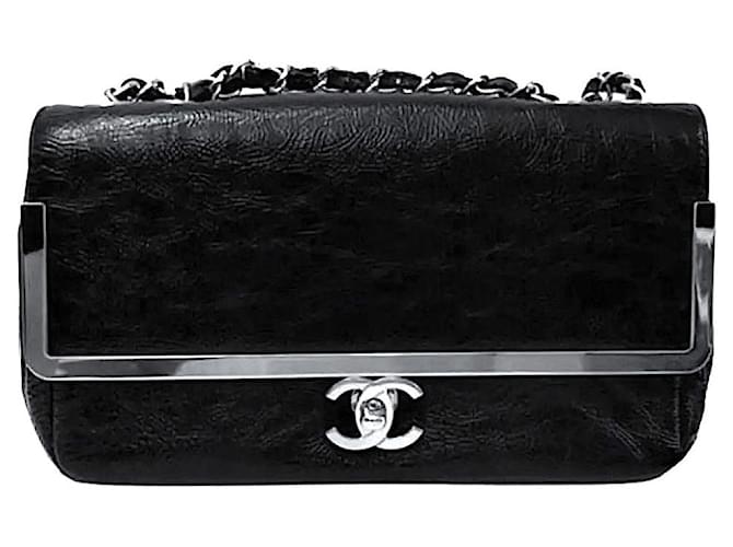 Chanel Bolso clásico con solapa única Timeless Negro Cuero  ref.1032628