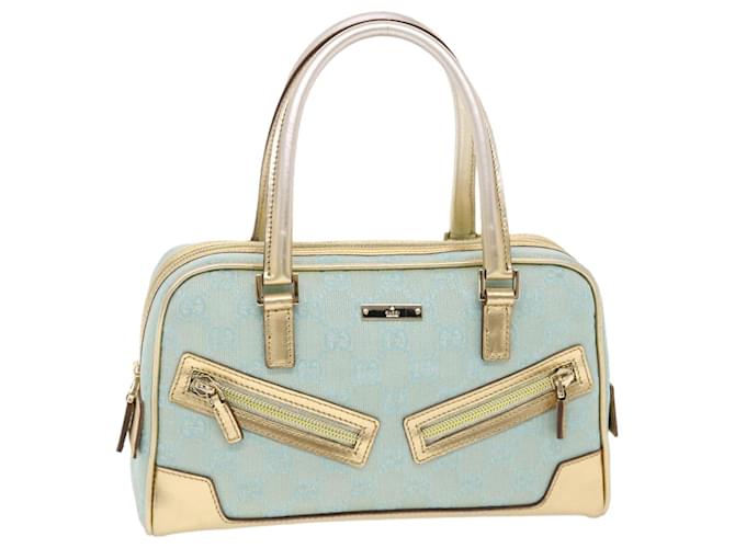 GUCCI GG Canvas Hand Bag Leather Light Blue Gold Auth 50157 Golden  ref.1032756
