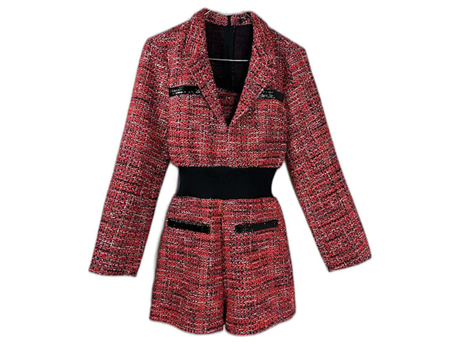 Maje Jumpsuits Red Multiple colors Cotton Polyester Wool Tweed Polyamide Acrylic  ref.1032954