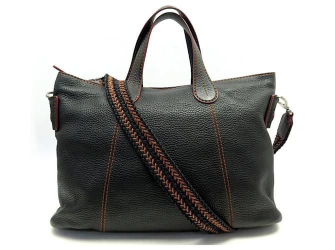 TOD'S BRAIDED SHOULDER HANDBAG IN BLACK SEEDED LEATHER + HAND BAG POUCH  ref.1033162
