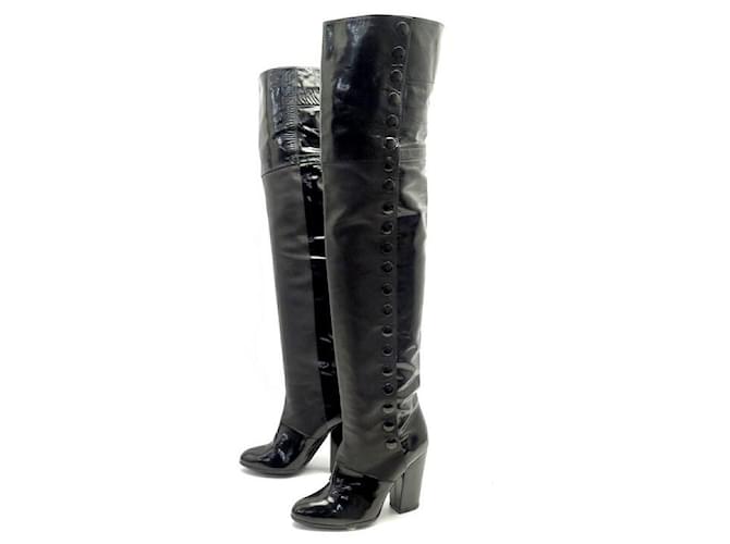 SHOES BOOTS CHANEL G26293 Thigh high boots 37 BLACK PATENT LEATHER BLACK BOOTS  ref.1033166