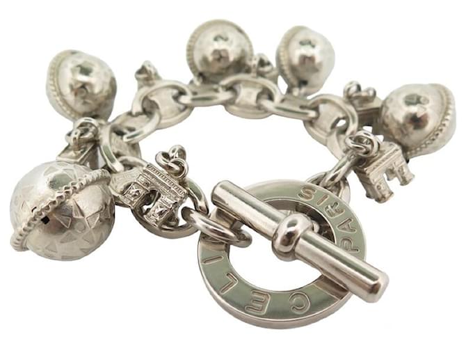 Céline VINTAGE CELINE BRACELET ARC DE TRIOMPHE & LOGO CHARMS 18 CM IN  PALLADI STEEL Silvery ref.1033291 - Joli Closet