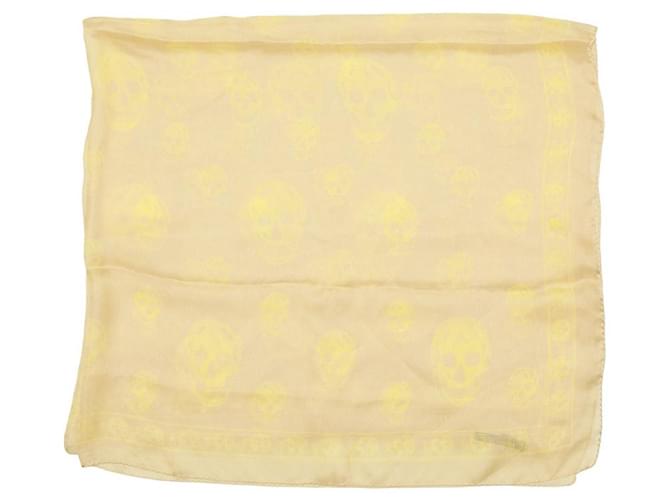 Alexander McQueen Beige w. Yellow Skulls & Logo Print Large Silk Scarf Wrap  ref.1033520
