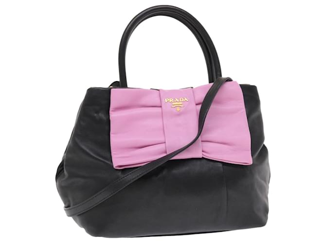 PRADA Ribbon Hand Bag Leather 2way Black Pink Auth 49914  ref.1033783