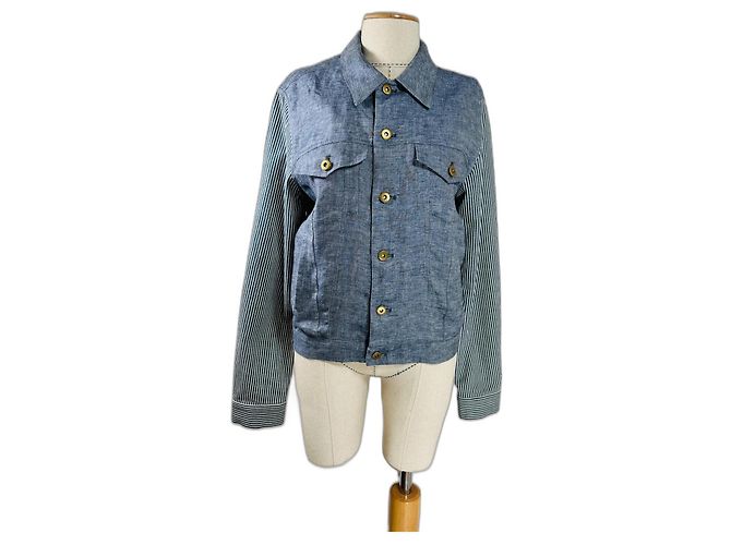 Giacca Opening Ceremony Blu in Lino e Cotone con Maniche a Righe