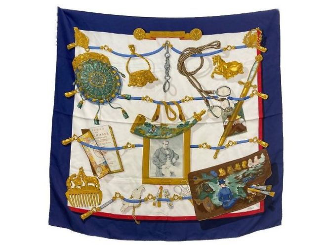 Hermès ***HERMES HERMES Recuerdos Pañuelo de seda Blanco Azul marino