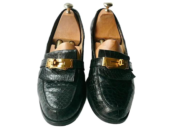 Hermès Schwarze Kroko-Loafer von HERMES, sehr guter Zustand 40,5 IT Exotisches Leder  ref.1034563