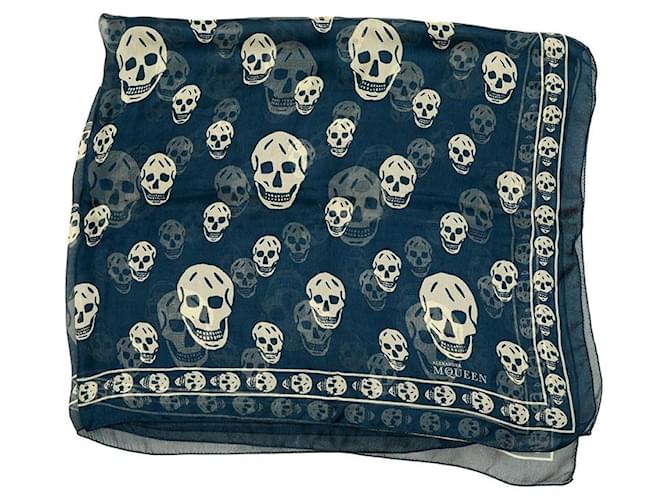 Alexander McQueen Blue w. Cream Skulls & Logo Print Large Silk Scarf Wrap  ref.1034587