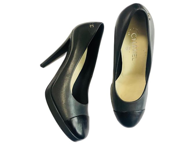 Chanel Platform Heels Dark Grey and Black Leather