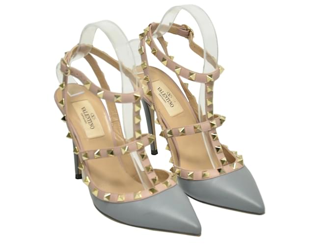 Valentino Light Grey Rockstud Pointed Toe Ankle Strap Pumps Leather  ref.1035256