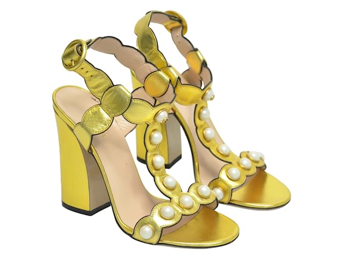 Gucci Gold Pearl Embellished Willow T Strap Sandals Golden Leather  ref.1035264