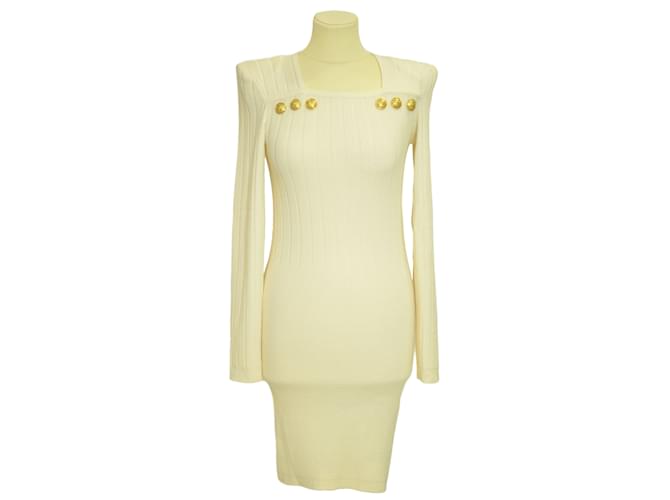 Balmain White Knitted Long Sleeve Bodycon Dress Synthetic  ref.1035282