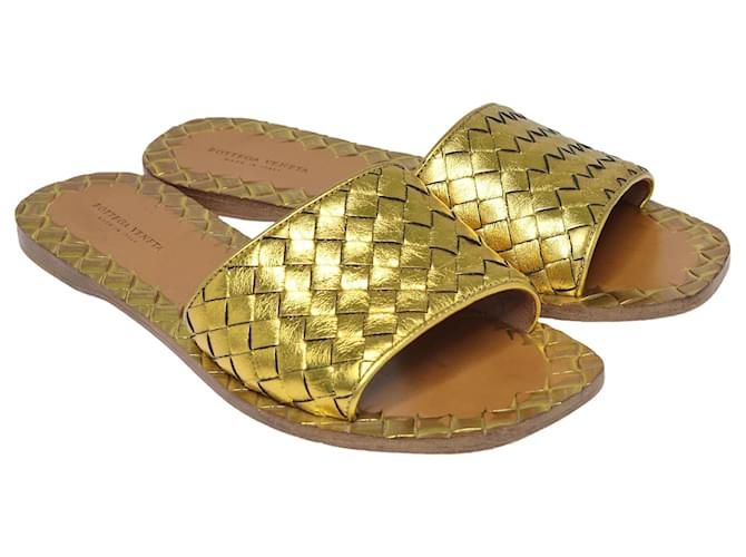 Bottega Veneta Metallic Gold Ravello Intrecciato Slide Golden