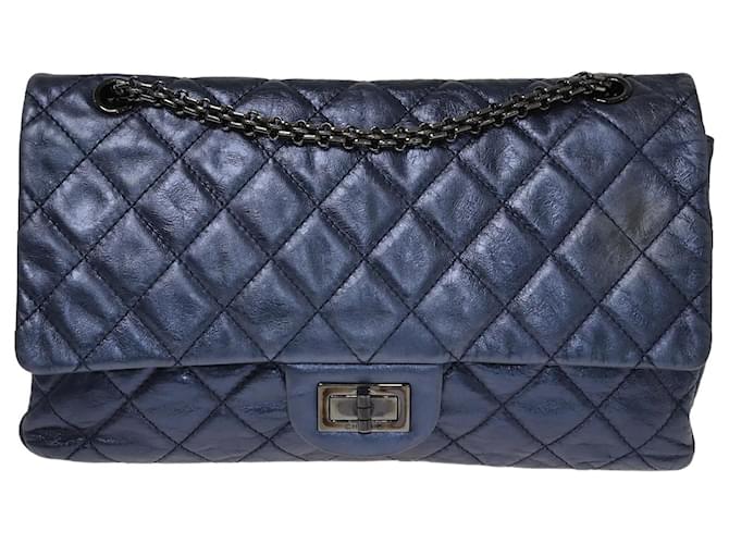 Chanel Reedição Acolchoada Azul Metálico 2.55 Clássico 227 saco de aleta alinhado Couro  ref.1035493