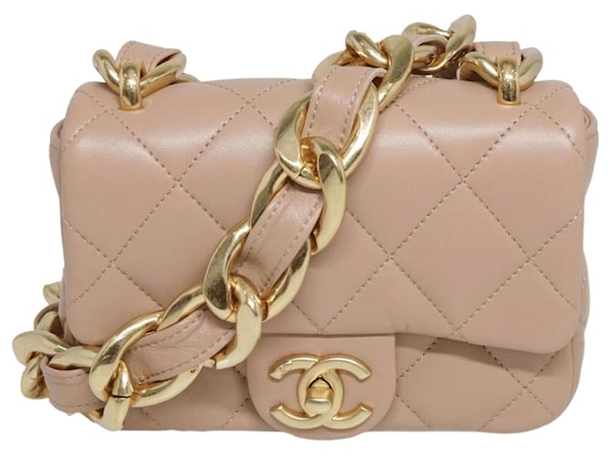 Chanel Mini sac à rabat beige à bandoulière en chaîne épaisse - SS22 Cuir  ref.1035536