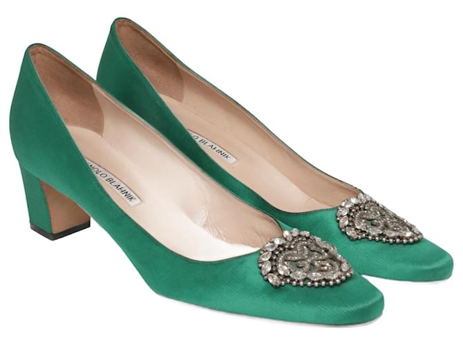 Manolo Blahnik Emerald Green Okkato Crystal Embellished Block Heel Pumps Leather  ref.1035553