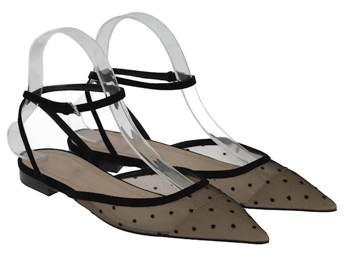 Christian Dior Black Mesh Polka Dot Ankle Strap Flat Sandals Suede  ref.1035609