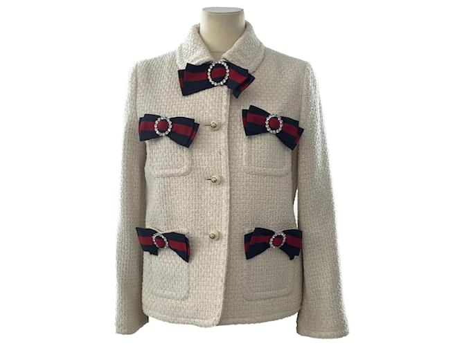 Gucci La crema/Giacca corta in tweed con dettaglio fiocco multicolore Cotone  ref.1035644